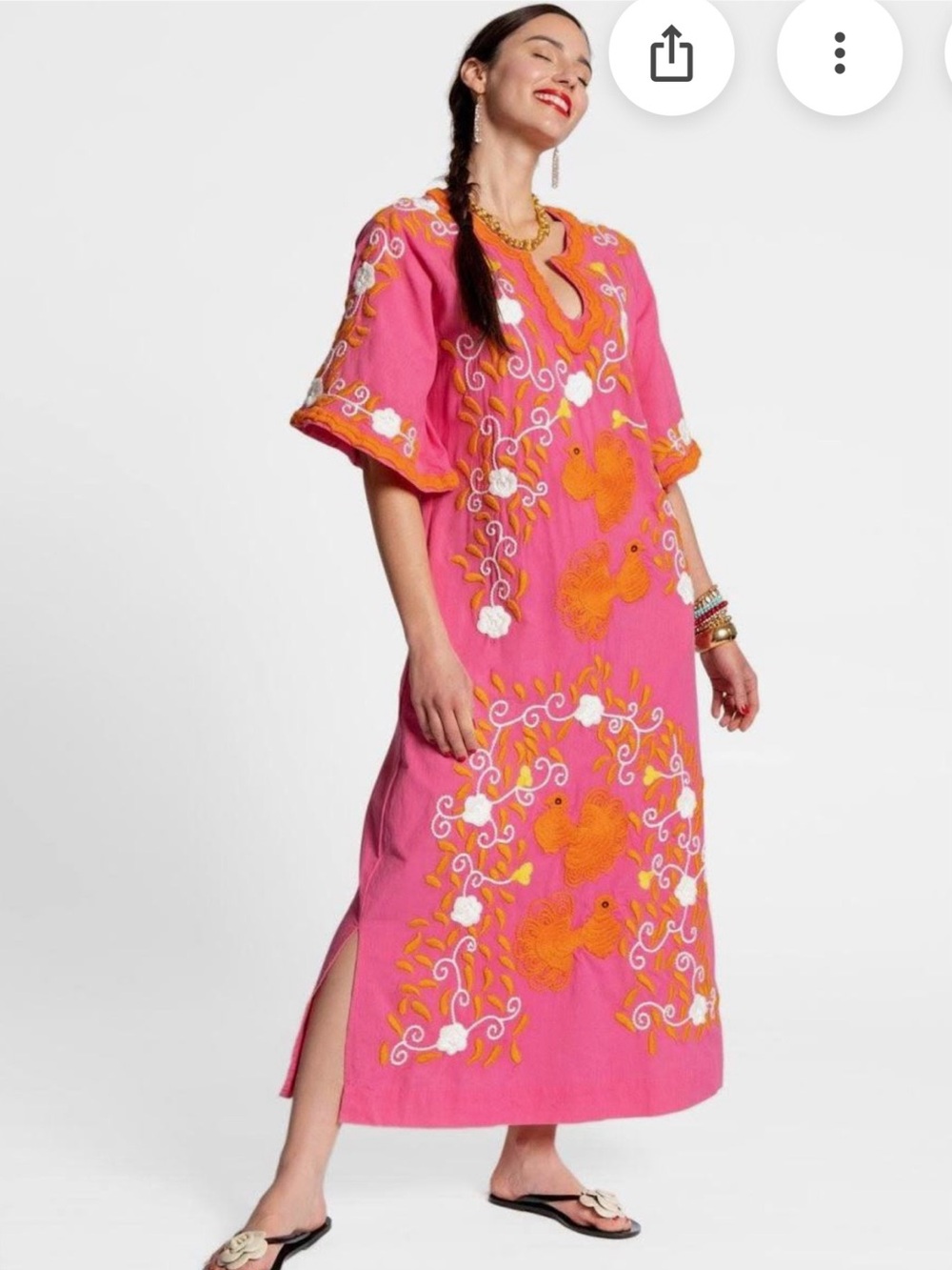 Frances Valentine Hot Pink Maxi Dress with Orange and White Embroidery